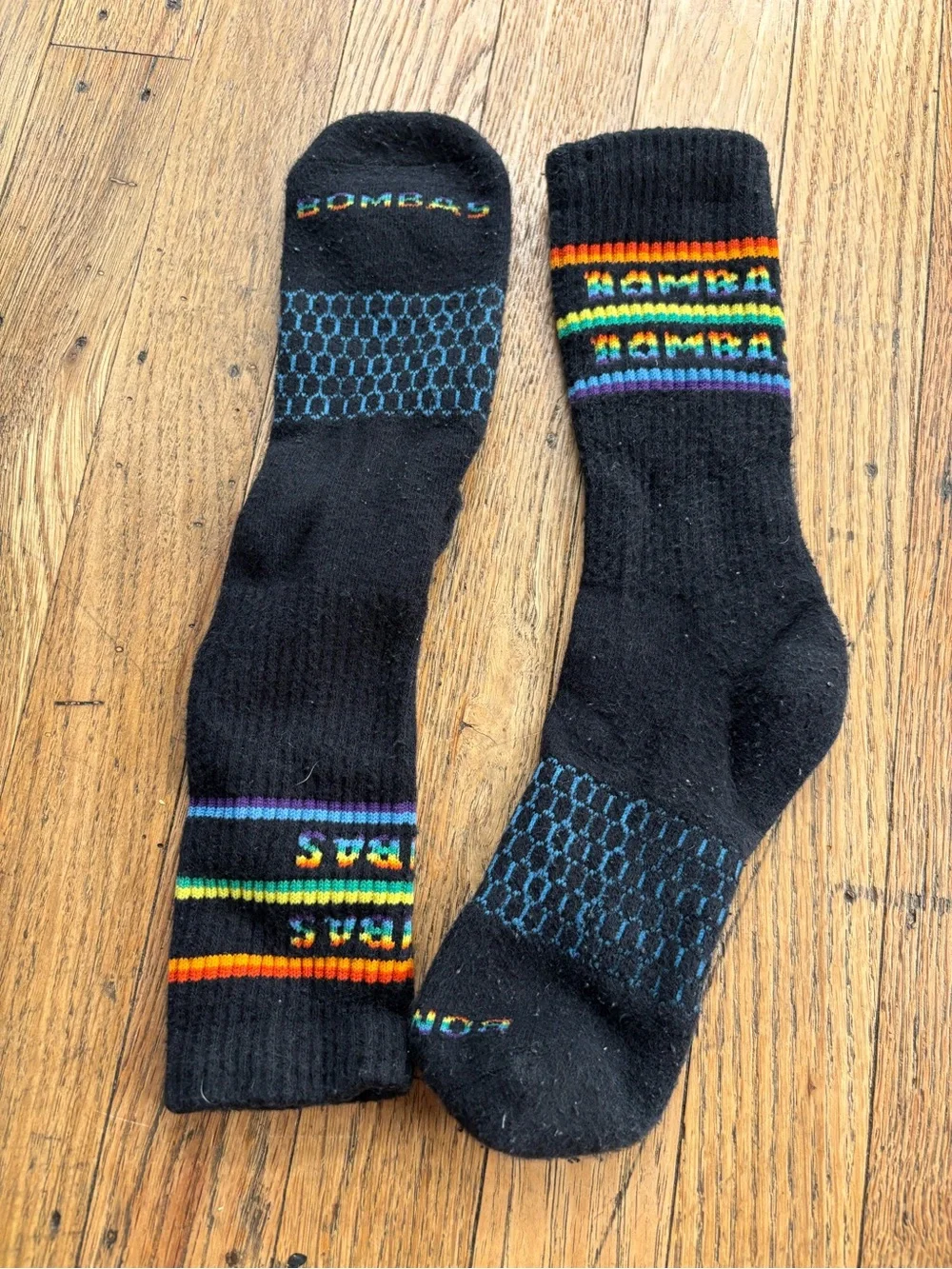 Bombas Men’s Black Crew Socks with Rainbow Stripe Accents